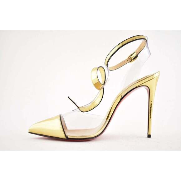 Christian Louboutin Alta Firma 100 Gold PVC T Strap Ankle Heel Sandal Pump 35 - Picture 9 of 12